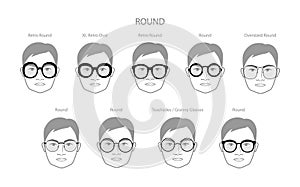 Set of Round frame glasses on men face character fashion accessory illustration. Sunglass front view, unisex silhouette