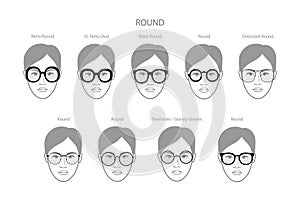 Set of Round frame glasses on women face character fashion accessory illustration. Sunglass front view silhouette