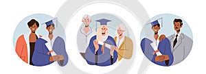 Set of round frames composition with happy parent hugging graduated student holding diploma photo