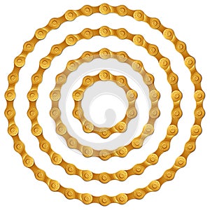 Set of round frames made of golden metal bicycle chain, isolated on white