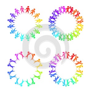 Set of round frames with rainbow people holding hands.