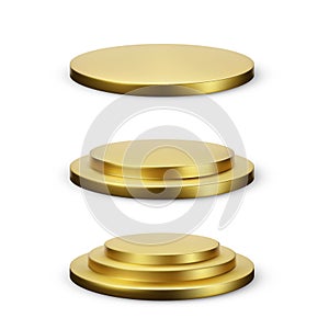 Set of round gold podium platform. Empty stage with different levels