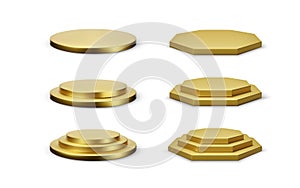 Set of round and hexagonal gold podium platform. Empty stage with different levels