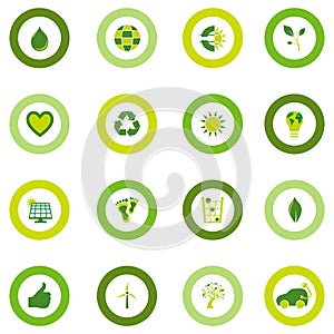 Set of round icons filled with bio eco environmental symbols