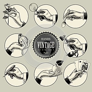 Set of round icons in vintage engraving style with hands and accessories