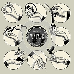 Set of round icons in vintage engraving style with hands and accessories