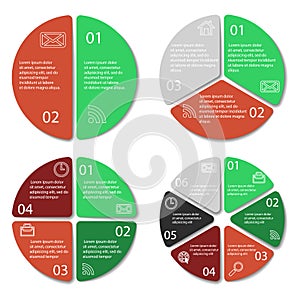 Set of round infographic diagram. Circles of 2, 3, 4, 6 elements
