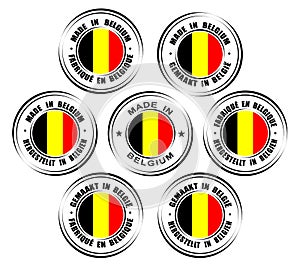 Set of round labels `Made in Belgium` in English, French, Deutsch, Dutch languages. Circle icons with belgian flag