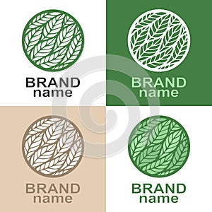 Set of round logos with leaves feathers, spikelets on a white, green, beige background.