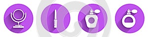 Set Round makeup mirror, Nail file, Perfume and Perfume icon with long shadow. Vector