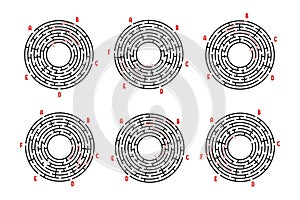 A set of round mazes. Game for kids. Puzzle for children. Labyrinth conundrum. Flat vector illustration isolated on white