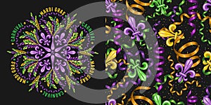 Set of round ornament, seamless pattern for Mardi gras carnival decoration.