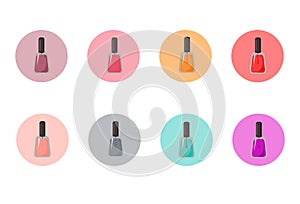 Set of round patterns with bottles of nail polish. Multicolored icons for beauty bloggers.