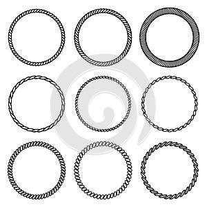 Set of round rope frame. Collection of thick and thin cir