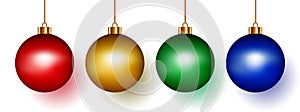 Set of round shape Christmas balls hanging isolated on white background Collection of realistic bauble ball red, gold, green, blue