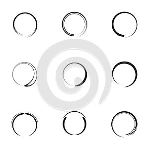 Set of round shapes icon. Black white circle brush stroke with different spiral element flat style, vector illustration