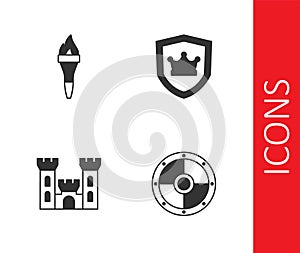 Set Round shield, Torch flame, Castle and Shield with crown icon. Vector