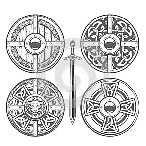 Set of round shields with celtic pattern and medieval ornaments, knight armor, chivalry shields