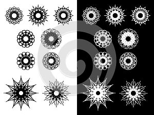 Set of round spirograph symbols. Outline kaleidoscope icons, flowers, stars and snowflakes. Vector