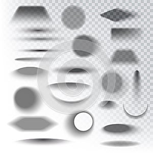 Set of round and square shadow effects. Different shadows on transparent background. Vector shadows