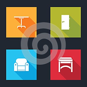 Set Round table, Closed door, Armchair and Chair icon. Vector