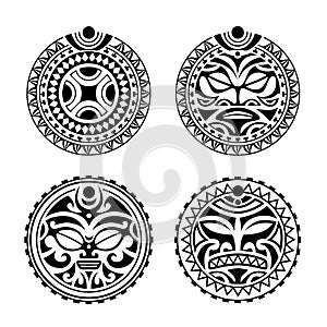 Set of round tattoo ornament with sun face maori style