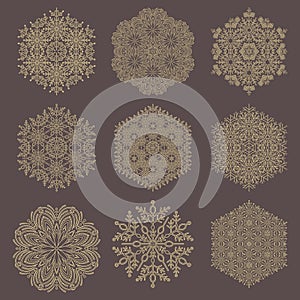 Set of Round Vector Snowflakes With Winter Ornament. Collection of Snowflakes in Different Styles