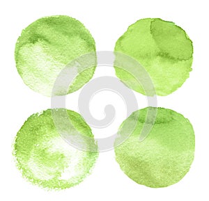 Set of round watercolor backgrounds light green color on white background, circle shape backdrops