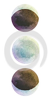 Set with round watercolor splashes, Moon phases isolated on white background. Watercolor stickers for your text, beautiful design