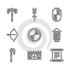 Set Round wooden shield, Medieval castle gate, Decree, parchment, scroll, flag, axe, bow and arrow, Shield and icon