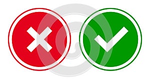 Set of round x and check mark icons, buttons. Flat cross and tick symbols on white background.