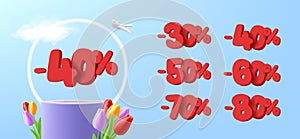 Set of rounded volume 3d numbers, discount percent with product placement podium, spring composition with tulip flowers