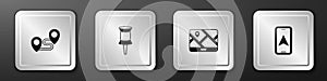 Set Route location, Push pin, City map navigation and icon. Silver square button. Vector