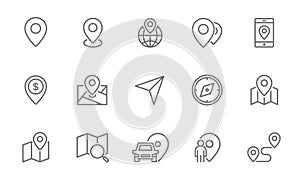 Set of route and navigation line icons. Map pointer, gps, compass, parking pin, direction and more.