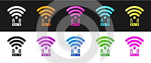 Set Router and wi-fi signal icon isolated on black and white background. Wireless ethernet modem router. Computer