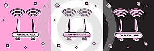 Set Router and wi-fi signal icon isolated on pink and white, black background. Wireless ethernet modem router. Computer