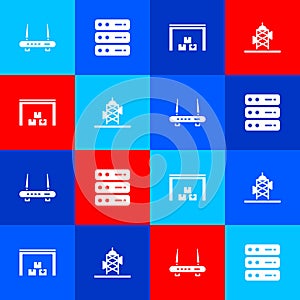 Set Router and wi-fi signal, Server, Data, Web Hosting, Warehouse and Antenna icon. Vector