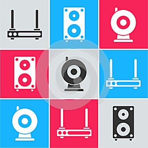 Set Router and wi-fi signal, Stereo speaker and Web camera icon. Vector