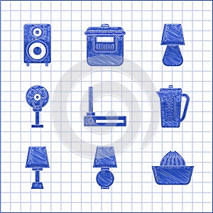 Set Router and wi-fi signal, Table lamp, Citrus fruit juicer, Measuring cup, Electric fan, and Stereo speaker icon