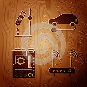 Set Router and wi-fi signal, Test tube flask on fire, Motherboard and Electric car on wooden background. Vector