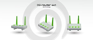 Set with routers in different positions for wireless data transmission and Internet connection