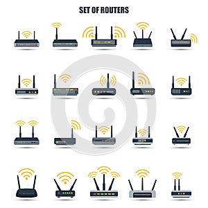 Set of routers flat icons modems, sign, wireless network, illustration. Vector