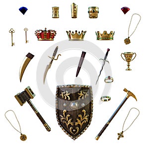 Set of royal accoutrements with shield, dagger, and necklaces, 3D illustration, 3D rendering