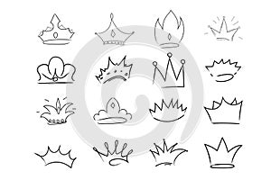 Set Royal crown, queen or princess diaden, tiara head, King in doodle style, hand drawn line isolated on white