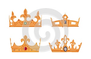 Set of royal crowns heraldic decoration, golden headdress awards isolated on white background