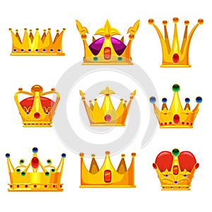 Set royal golden crowns with jewels, vector cartoon icons isolated on white background. Heraldic elements, monarchic