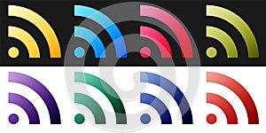 Set RSS icon isolated on black and white background. Radio signal. RSS feed symbol. Vector