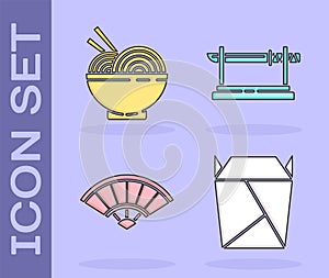 Set Rstaurant opened take out box filled, Asian noodles in bowl and chopsticks, Paper chinese or japanese folding fan