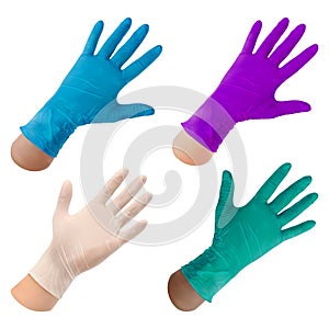 Set of rubber disposable gloves on a hand. Latex glove and nitrile gloves of different colors on a white background