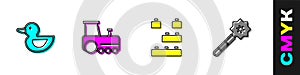 Set Rubber duck, Toy train, building block bricks and Magic wand icon. Vector